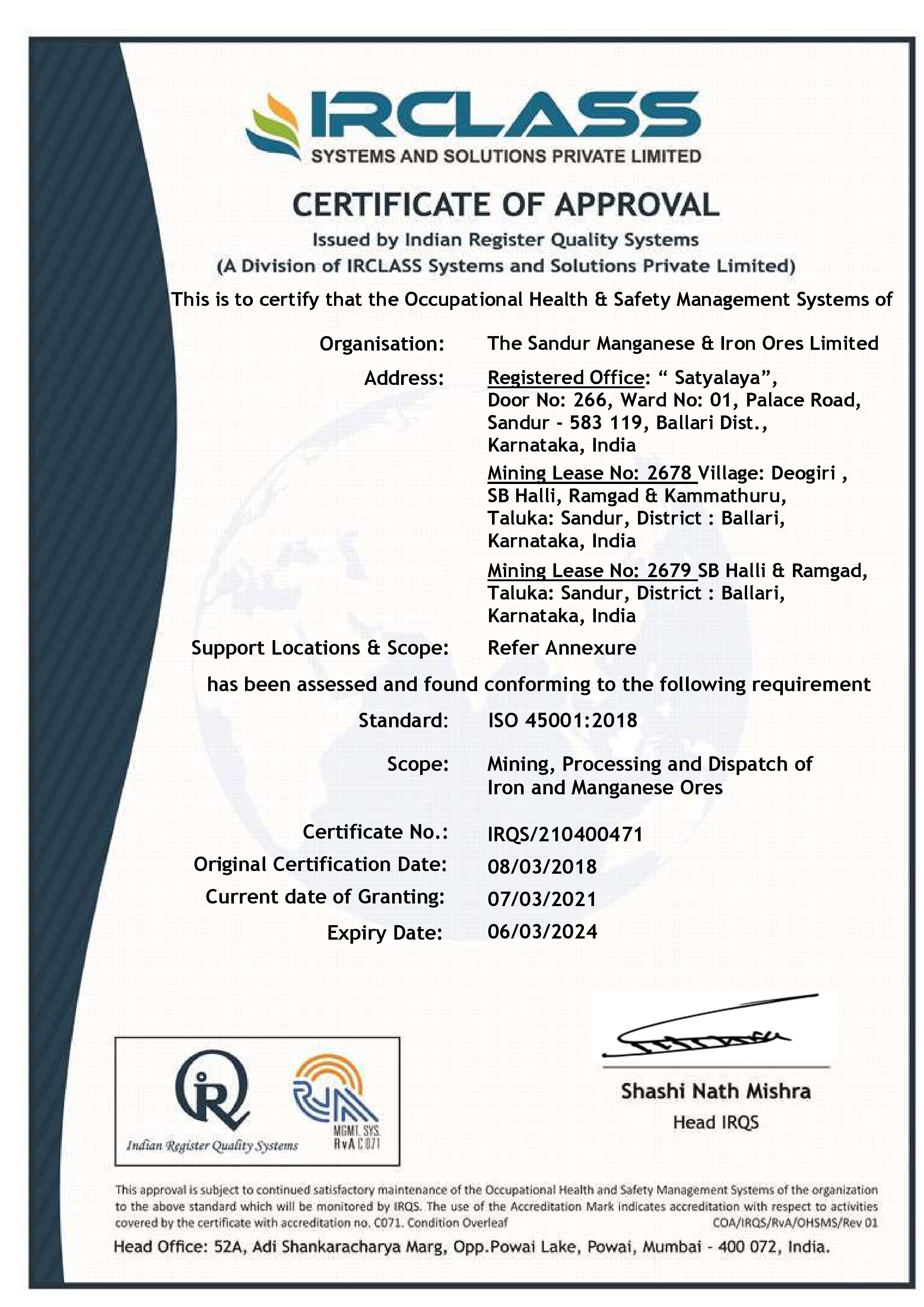 Certifications Sandur Managanese